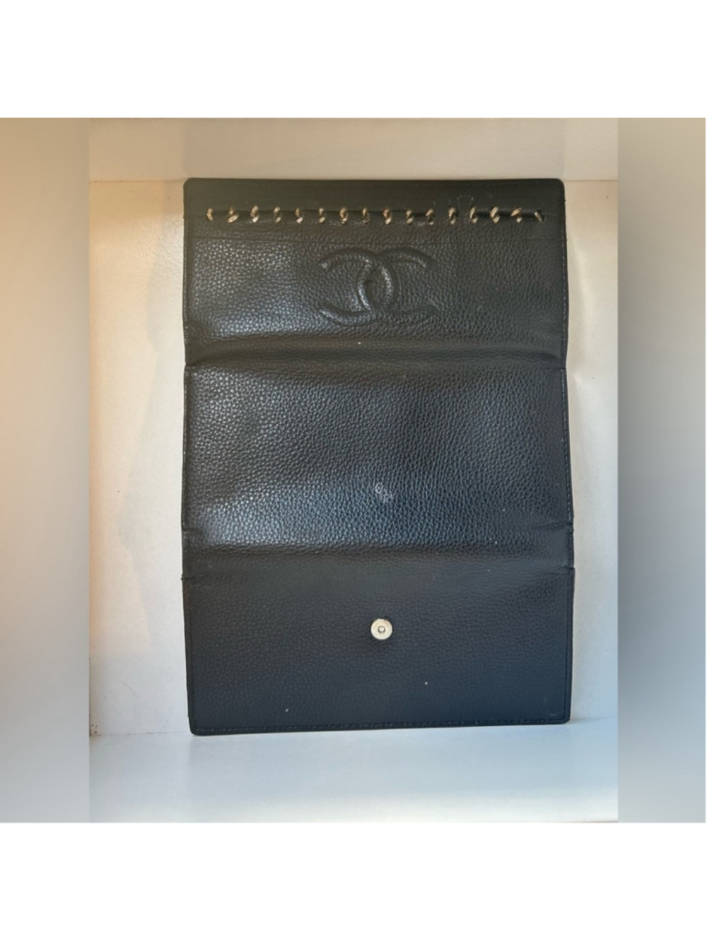 Vintage Chanel CC Logo Black Caviar Leather Wallet Designer Authentic Trifold - Picture 3 of 13
